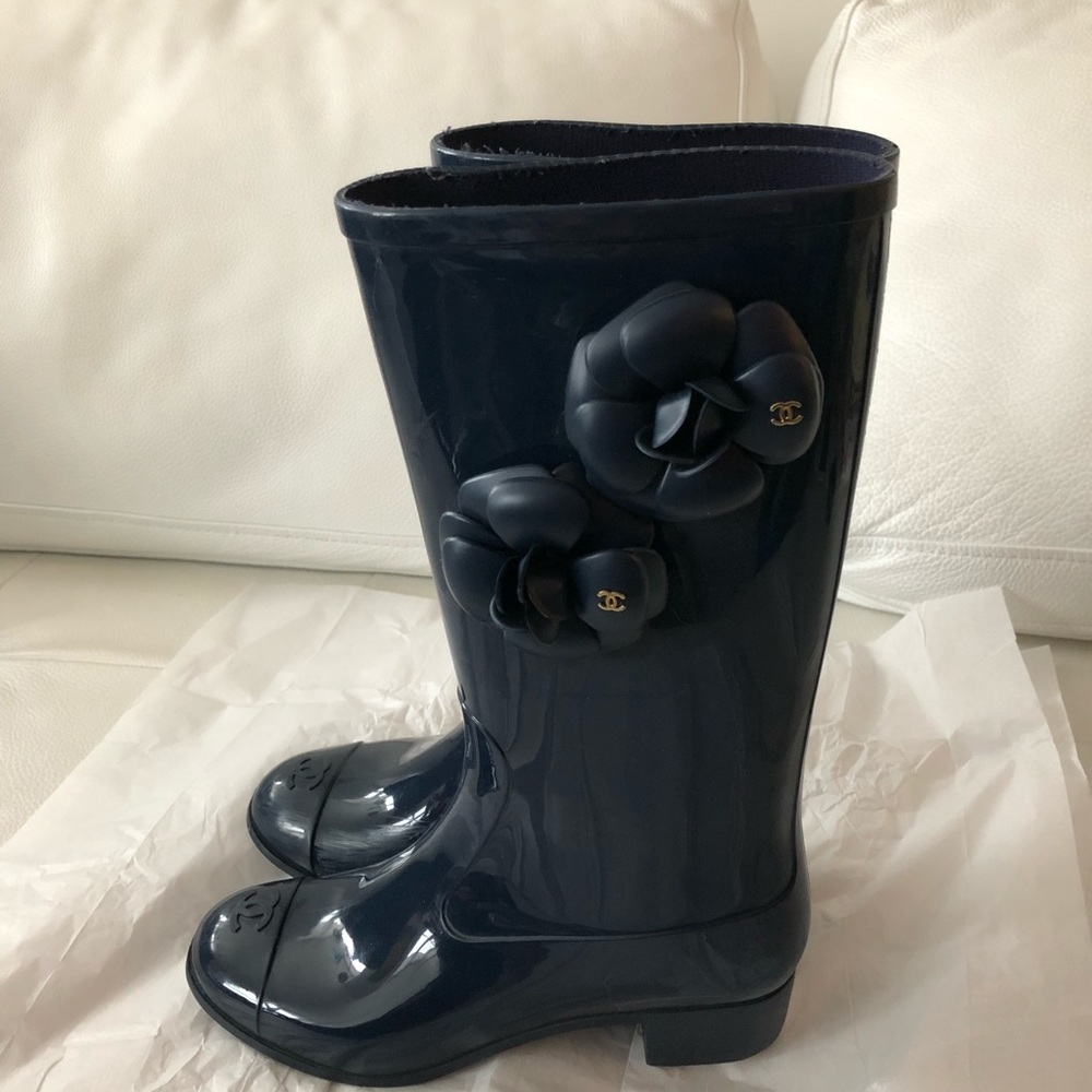 Chanel Camellia Navy Blue Rain Boot fits 6-6.5-7